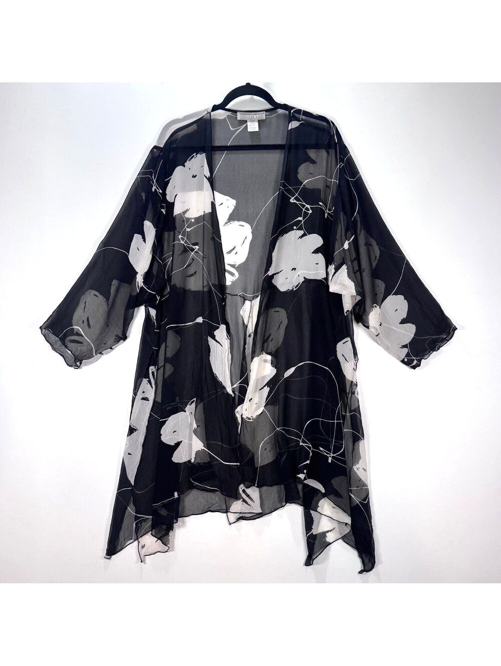 Dinah Lee 100% Silk Sheer Black/White Kimono 1X-3X - Picture 6 of 7